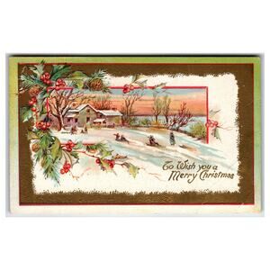 Vintage Embossed Merry Christmas Postcard Winter Sledding Scene